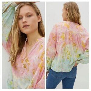 Anthropologie Pilcro Shirt Blouse S 100% Cotton Watercolor Floral Boho Peasant